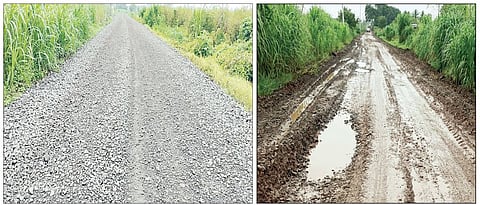 शेळगाव : ठेकेदाराच्या सवडीनुसार चौपन्न फाटा रस्ता काम; रस्त्यावर खडी टाकल्याने प्रवाशांची कसरत