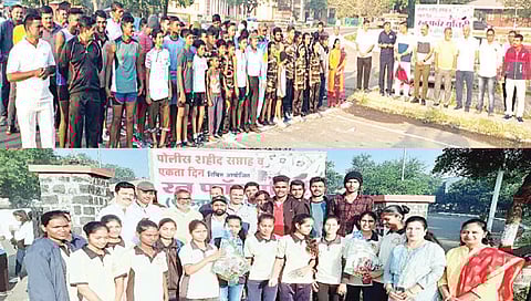 सिन्नर : एकता दौडच्या प्रारंभाप्रसंगी तहसीलदार प्रशांत पाटील, सागर मुंदडा,
दत्ता वायचळे, एस. आर. मुटकुळे, दशरथ चौधरी, मधुकर मुरकुटे आदी. तर दुस-या छायाचित्रात एकता दौडमधील विजेत्या स्पर्धकांच्या सत्काराप्रसंगी मान्यवर.