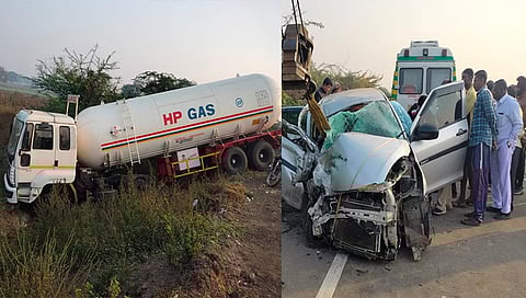 जळगाव : टॅंकरला धडकल्याने घडलेल्या अपघातात चकनाचूर झालेले चारचाकी स्विफ्ट वाहन.