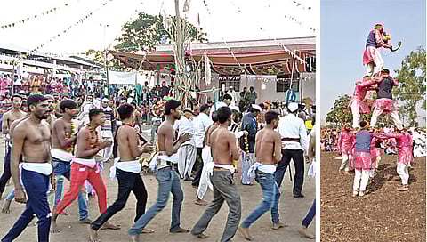 वणी : उत्सवात डोंगर्यादेवाचे गाणे म्हणत नाचताना ग्रामस्थ. तसेच मानवी मनोरा तयार करणारे आदिवासी बांधव. (छाया: अनिल गांगुर्डे)