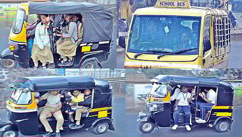 नाशिक : शहरात अशा प्रकारे रिक्षांमध्ये शालेय विद्यार्थ्यांचा अक्षरश: कोंबून प्रवास सुरू असतानाही आरटीओचे याकडे लक्ष नसल्याने आश्चर्य व्यक्त केले जात आहे. यामुळे शालेय विद्यार्थ्यांना धोका निर्माण झाला आहे. (छाया : रुद्र फोटो)