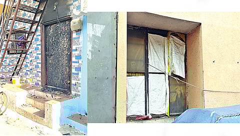 पंचवटी : टवाळखोरांनी घरावर पेट्रोल टाकून जाळण्यात आलेला घराचा दरवाजा. दुसऱ्या छायाचित्रात काचा फोडल्यामुळे प्लास्टिक लावलेली घराची खिडकी. (छाया : गणेश बोडके)