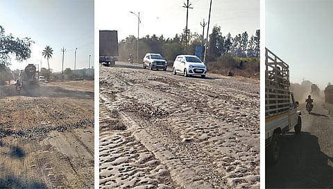 नाशिक : येथील पेठ महामार्गाची दुरवस्था झाल्याने वाहनांना खड्ड्यातून मार्ग काढावा लागत आहे. दुसर्या छायाचित्रात वाहनांमुळे उडणारा धुराळा व अस्ताव्यस्त पडलेले दगड-गोटे.