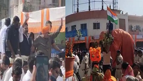 सातारा : फलटण येथे घोडे, उंट, हत्ती यांच्या लवाजम्यासह नितीन गडकरींचे जंगी स्वागत