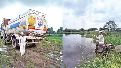 सिन्नर : कोळगावमाळ येथे शेतात टाकण्यात येणारे मळीचे दूषित पाणी. दुसर्या छायाचित्रात मळीच्या पाण्यामुळे जमीन नापीक होत असल्याचे दाखविताना शेतकरी.