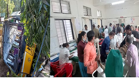 त्र्यंबकेश्वर : येथे मिनी बस पलटी झाल्याने रुग्णालयात जखमींवर उपचार करण्यात येत आहे.
