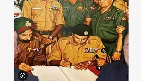 १९७१ मध्ये भारत आणि पाकिस्तान यांच्यात युद्धात झालेल्या पराभवानंतर पाकिस्तानच्या ९० हजार सैनिकांनी भारतासमोर आत्मसमर्पण केले होते. आत्मसमर्पण करारावर पाकिस्तानचे लेफ्टनंट जनरल आमिर अब्दुल्ला खान यांनी स्वाक्षरी केली होती. हाच फोटो यासिर याने शेअर केला आहे. यामध्ये भारतीय लष्कराचे लेफ्टनंट जनरल जगजीत सिंग अरोरा देखील दिसत आहेत.