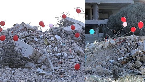 तुर्कीत ‘बालवाडी’च्या उद्धवस्थ इमारतीवर फुगे लावून भूकंपातील मृत बालकांना श्रद्धांजली