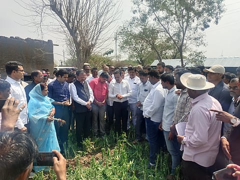 पिंपळनेर : टिटाणे व खोरी परिसरात अवकाळीमुळे झालेल्या पिकांचे नुकसान पाहणी दौरा करताना पालकमंत्री सतीश महाजन. समवेत खासदार हिना गावित, खासदार सुभाष भामरे, जिल्हाधिकारी जलज शर्मा आदी. (छाया: अंबादास बेनुस्कर)