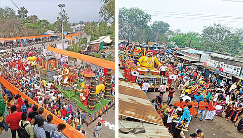 वणी : येथे दाखल झालेल्या साडेतीन शक्तिपीठांवर आधारित चित्ररथ पाहण्यासाठी भाविकांनी केलेली गर्दी. (छाया : अनिल गांगुर्डे)