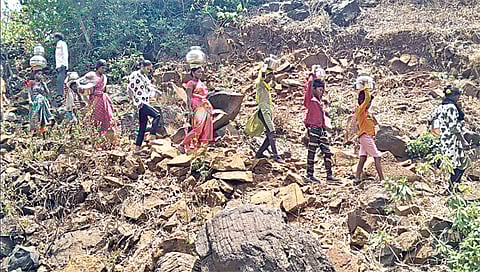 इगतपुरी : पिण्याच्या पाण्यासाठी दर्या-खोर्यातून पायपीट करताना महिला.(छाया : वाल्मीक गवांदे)