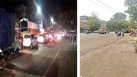 सातपूर : अशोकनगर मुख्य रस्त्यावर झालेली वाहतूक कोंडी. तर दुस-या छायाचित्रात अशोकनगर रस्ता रुंदीकरणाचे रखडलेले काम. (छायाचित्रे : सागर आनप)