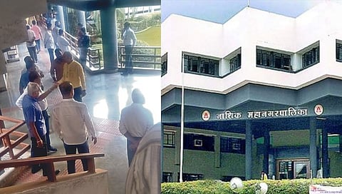 नाशिक : वीज गायब झाल्याने अन् इनर्व्हटरमध्ये बिघाड असल्याने घामाघूम झालेले कर्मचारी अशा प्रकारे कार्यालयाबाहेर येऊन उभे राहिले होते.