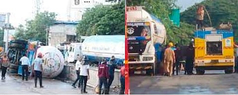 पुणे-मुंबई महामार्गावर गॅस टँकर पलटी; 50 पोलीस घटनास्थळी