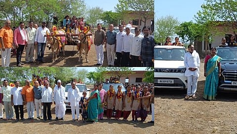 विद्यार्थिनींचे ढोल ताशाच्या गजरात बैलगाडी, कार, बुलेटवर मिरवणूक काढत शाळेत स्वागत