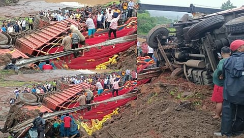 मुंबई-गोवा महामार्गावरील भोस्ते घाटात दोन ट्रक एकामागोमाग उलटले