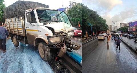 पुण्यात दुधाचा टँकर पलटी; हजारो लिटर दूध वाया