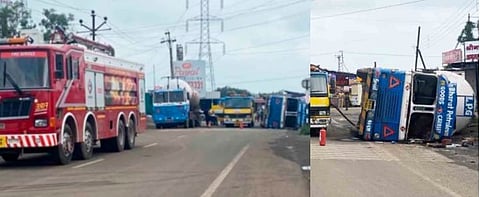 मोठा अनर्थ टळला! पुण्याजवळ भारत गॅसचा टँकर पलटी; गॅस लिकीज झाल्याने परिसरात भीतीचे वातावरण