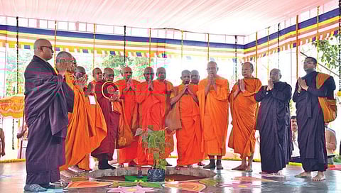 बुद्धबंदनेच्या स्वरात महाबोधीवृक्षाच्या फांदीचे रोपण करताना भिक्खू संघ