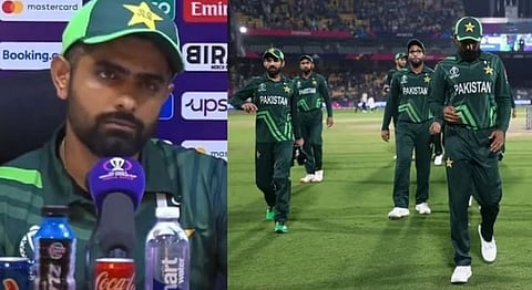 पत्रकार परिषदेत बाेलताना पाकिस्तानचा कर्णधार बाबर आझम. दुसर्या छायाचित्रात अफगाणिस्तान विरुद्धच्या पराभवानंतर मैदानावरुन परताना पाकिस्तानचे खेळाडू.