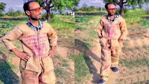 शेतकरी तरुणाने पोत्यांपासून बनवले स्वेटर शर्ट-पँट!