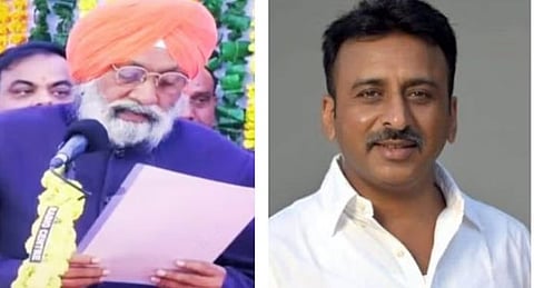 राजस्थानचे मंत्री सुरेंद्रपाल सिंह टीटी. दुसर्या छायाचित्रात पाेटनिवडणुकीत विजयी झालेले काँग्रेसचे उमेदवार रुपिंदर सिंह कुन्नर.