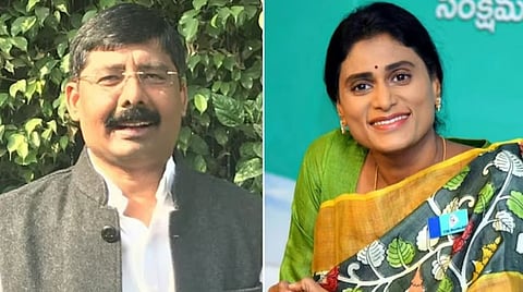 आंध्र प्रदेश काँग्रेसचे प्रदेशाध्यक्ष गिदुगु रुद्र राजू दुसर्या छायाचित्रात वाय.एस. शर्मिला.