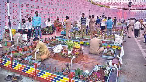 नाशिक : महानगरपालिका मुख्यालय (राजीव गांधी भवन) येथे पुष्पोत्सवासाठी करण्यात आलेली तयारी. (छाया : हेमंत घोरपडे)