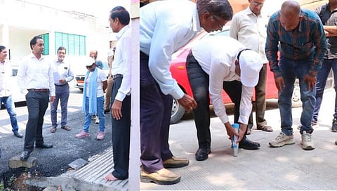 जळगाव : रस्त्याच्या मजबुतीची यंत्राच्या साह्याने परीक्षण करताना जिल्हाधिकारी आयुष प्रसाद. समवेत सहायक नियोजन अधिकारी राहुल इघे व महानगरपालिकेचे अभियंता, इतर कर्मचारी. (छाया: नरेंद्र पाटील)