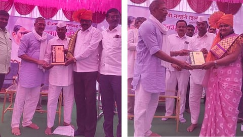 जानोरी : वणारे ता. दिंडोरी येथील कार्यक्रमात जवळके दिंडोरीच्या सरपंच भारती जोंधळे यांचा सत्कार करताना सिनेअभिनेते नाना पाटेकर, विधानसभा उपाध्यक्ष नरहरी झिरवाळ व उपस्थित मान्यवर. (छाया : समाधान पाटील)