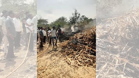 देवळा: वाजगाव येथे चाऱ्याला लागलेली आग विझवितांना येथील अग्निशमन दलाचे कर्मचारी व ग्रामस्थ. (छाया : सोमनाथ जगताप)