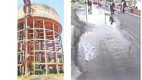 सिडको : पवननगर येथील जुने झालेले जलकुंभ. तर दुस-या छायाचित्रात विजयनगर येथे रस्त्यालगत जलवाहिनी व्हॉल्व्ह खराब झाल्याने वाहणारे पाणी. (छाया : राजेंद्र शेळके)