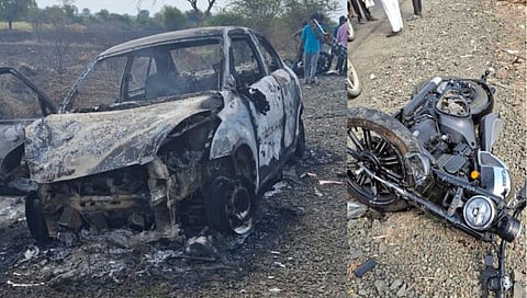हादगाव येथे अज्ञातांनी अपघातग्रस्त कार पेटवून दिली.