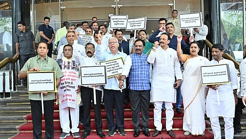 Protests against the government by the Maha Vikas Aghadi on the steps of the Legislature