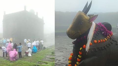 After 350 years, a gold mask on Nandi Maharaj in front of Sri Jagadishwar Temple at Raigad Fort