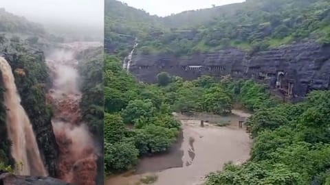 The Saptkund waterfall in Ajantha cave started to flowing