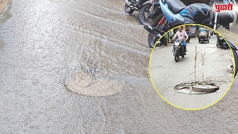 चेंबरचे झाकण तुटल्याने अपघाताचा धोका