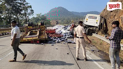 Kashedi Ghat Accident | कशेडी घाटात पेप्सी वाहतूक करणारा कंटेनर पलटी; एक लेन पूर्ण बंद!