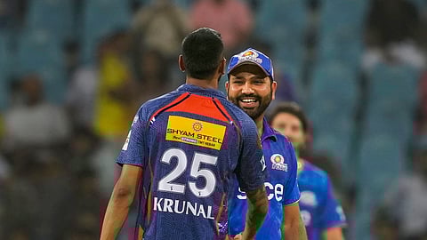 Mumbai Indians captain Rohit Sharma with Lucknow Super Giants captain Krunal Pandya