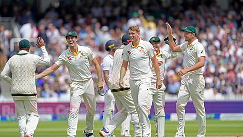 Australia's Cameron Green, celebrate the dismissal of England's Jonny Bairstow