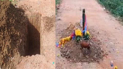 சாலையின் நடுவில் புதைக்கப்பட்ட உடல்