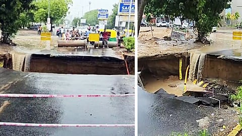 குஜராத் கனமழை - சாலையில் ஏற்பட்ட தீடீர் பள்ளம்