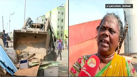 கடைகளை அகற்றும் மாநகராட்சி ஊழியர்கள், மீனவ வியாபாரி