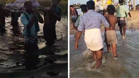 தஞ்சை: இறந்தவர்களின் சடலத்தை ஆற்றுக்குள் இறங்கி தூக்கிச் செல்லும் அவலம்