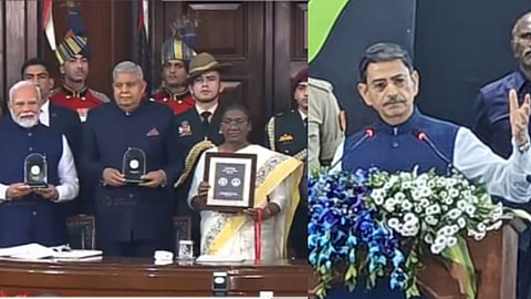 நாணயம் வெளியிட்ட நிகழ்வில் பிரதமர் மோடி மற்றும் திரௌபதி முர்மு, ஆளுநர் ஆர்.என். ரவி