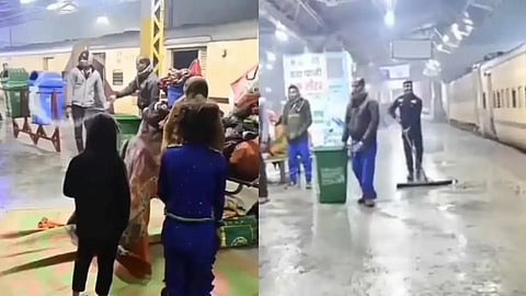 நடைமேடையில் தூங்கிக்கொண்டிருந்த பயணிகள்