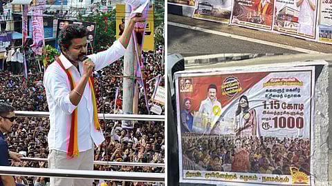 கரூரில் தவெக விஜய்க்கு எதிராக ஒட்டுப்பட்டுள்ள திமுக போஸ்டர்கள்