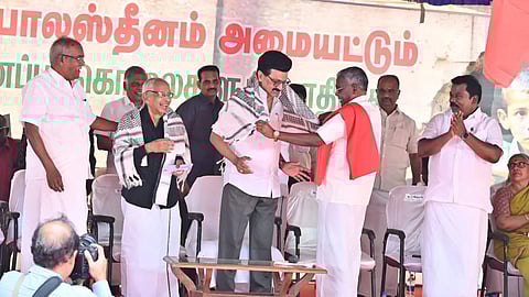 இஸ்ரேலின் காசா மீதான தாக்குதலுக்கு எதிரானப் போராட்டத்தில் கலந்து கொண்ட முதல்வர் ஸ்டாலின்