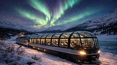 Nighttime panoramic trains in Norway