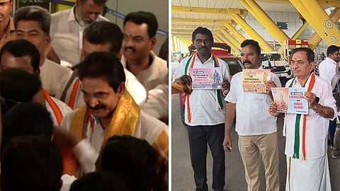 ஆட்சியில் பங்கு என்ற பதாகை உடன் வேணுகோபாலை வரவேற்ற காங்கிரஸ் நிர்வாகிகள்